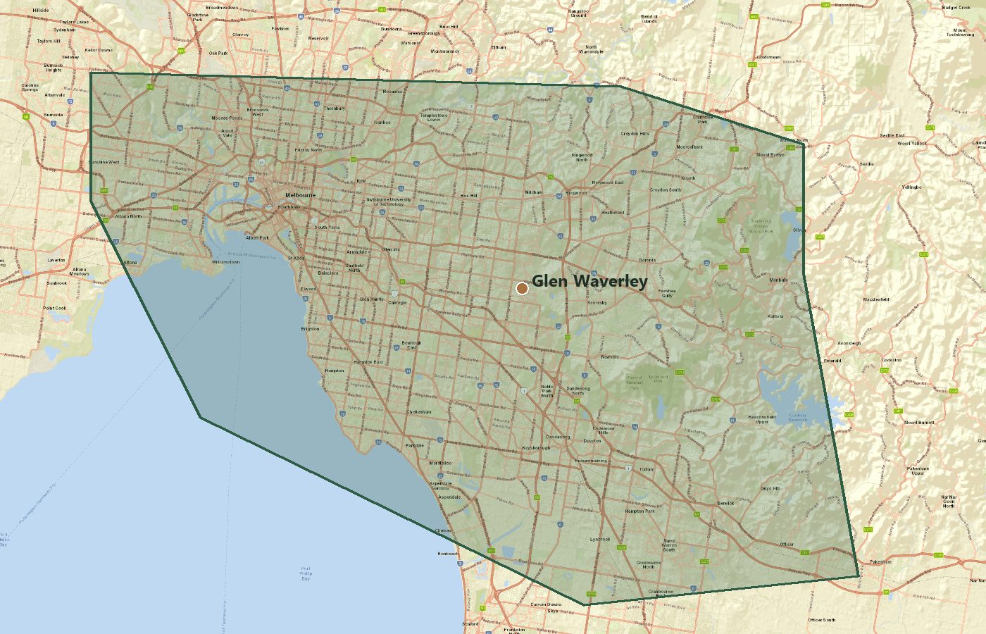 Map of eastern, south-eastern and inner Melbourne with Glen Waverley marked, showing the councils RG Dendrology works in