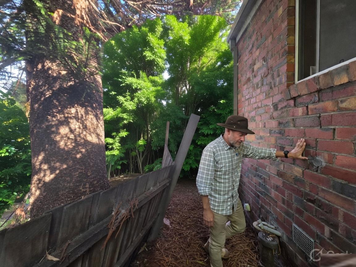 Inspecting a tree beside a house